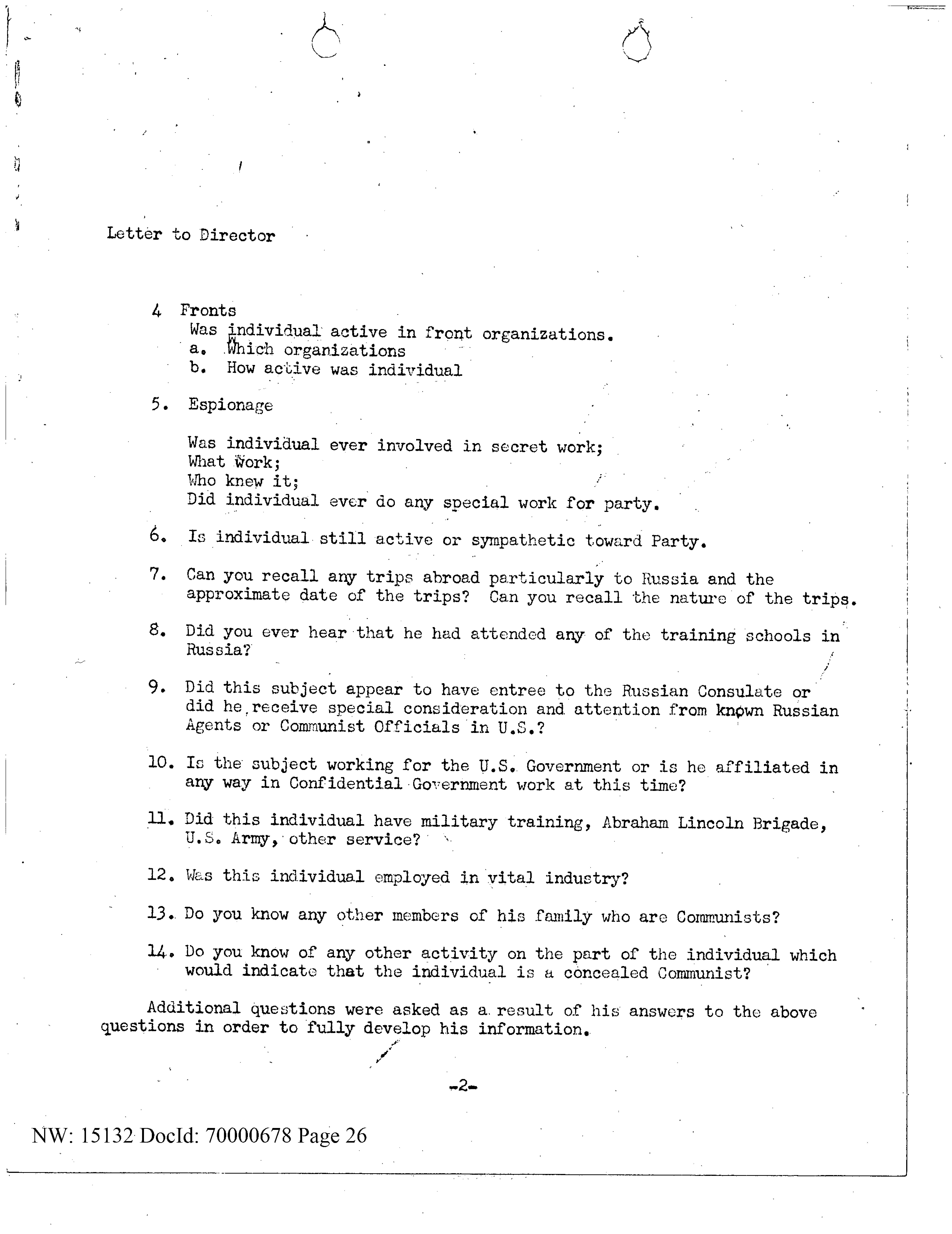 Questions FBI used to determine communist sympathies, from Royle's FBI file