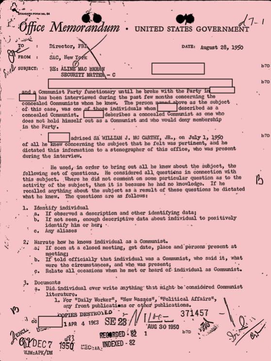 A memo from MacMahon's FBI file, stating that someone gave McCarthy MacMahon's name.